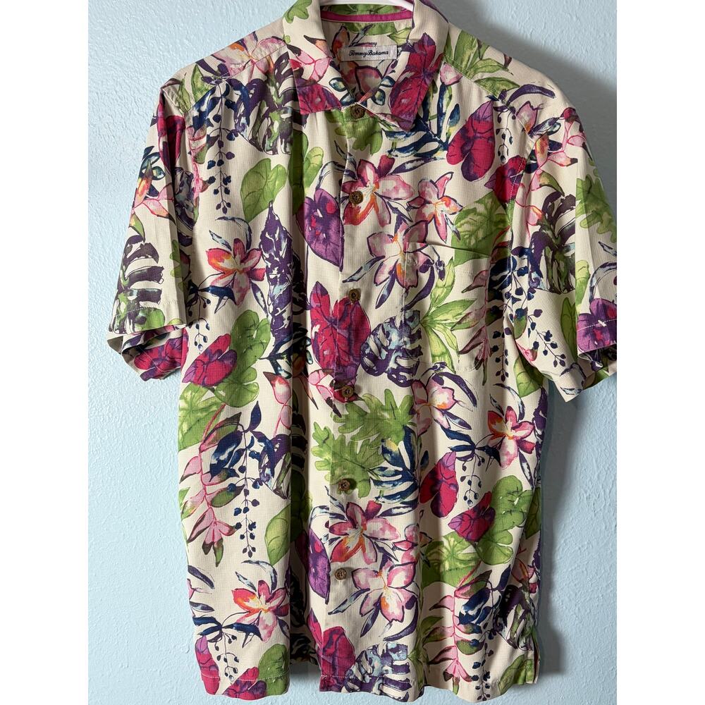 Tommy Bahama Silk Blend Floral Hawaiian Shirt L Tropical Button Up